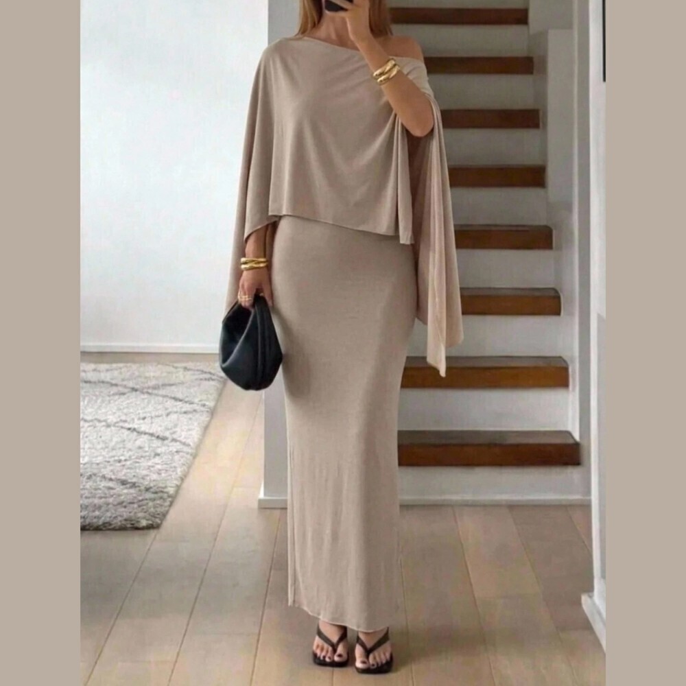 Tan Asymmetrical Cape Sleeve Top and Bodycon Maxi Skirt Set